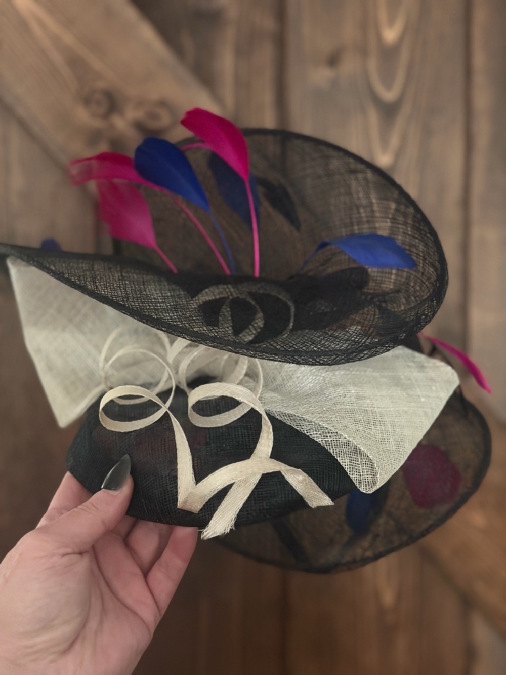 The Hat Doctor Facscinator with Pink & Blue Feathers and Cream Ribbon